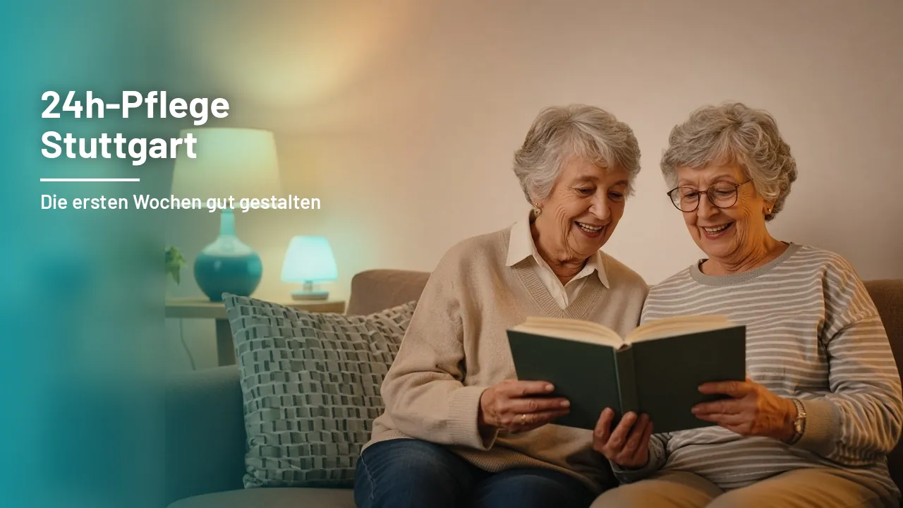 Betreuerin und ältere Dame lesen am Abend gemeinsam ein Buch auf dem Sofa im warmen Lampenlicht