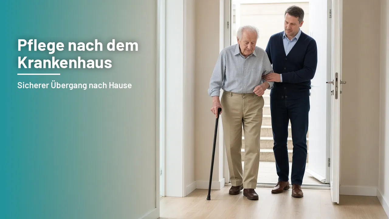 Pflegekraft stützt einen älteren Mann behutsam beim Gehen in einem hellen Wohnzimmer nach der Rückkehr aus dem Krankenhaus