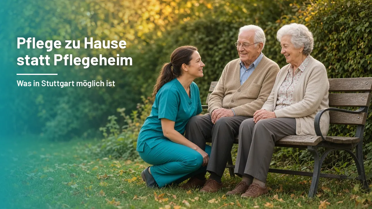 Älteres Ehepaar sitzt im herbstlichen Garten auf einer Bank, daneben kniet lächelnd eine Pflegekraft