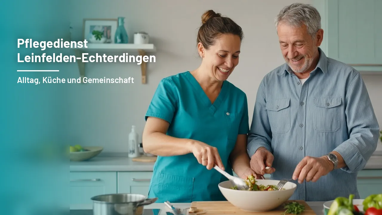 Pflegekraft und älterer Herr bereiten gemeinsam in einer Küche zu Hause eine einfache Mahlzeit zu