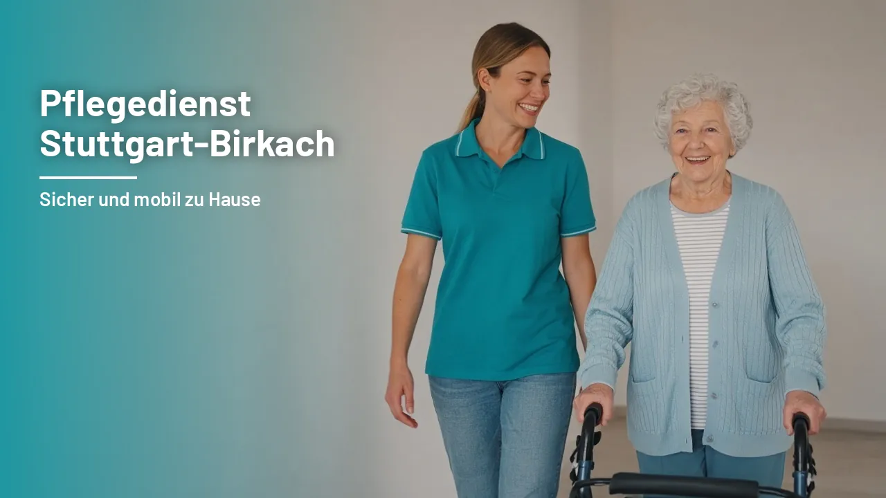 Pflegekraft begleitet eine ältere Dame mit Rollator durch den hellen Flur ihrer Wohnung