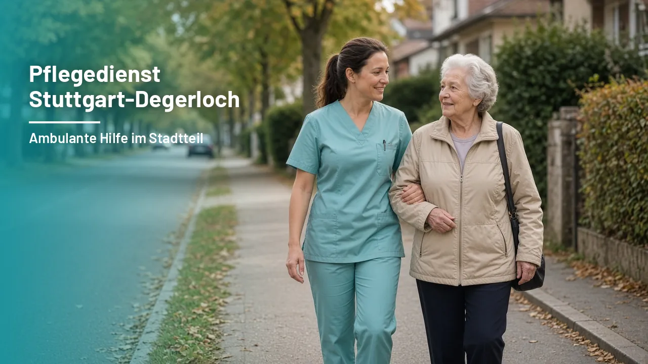 Pflegekraft begleitet eine ältere Dame Arm in Arm entlang einer ruhigen Wohnstraße in Stuttgart-Degerloch mit Blick über die Stadt