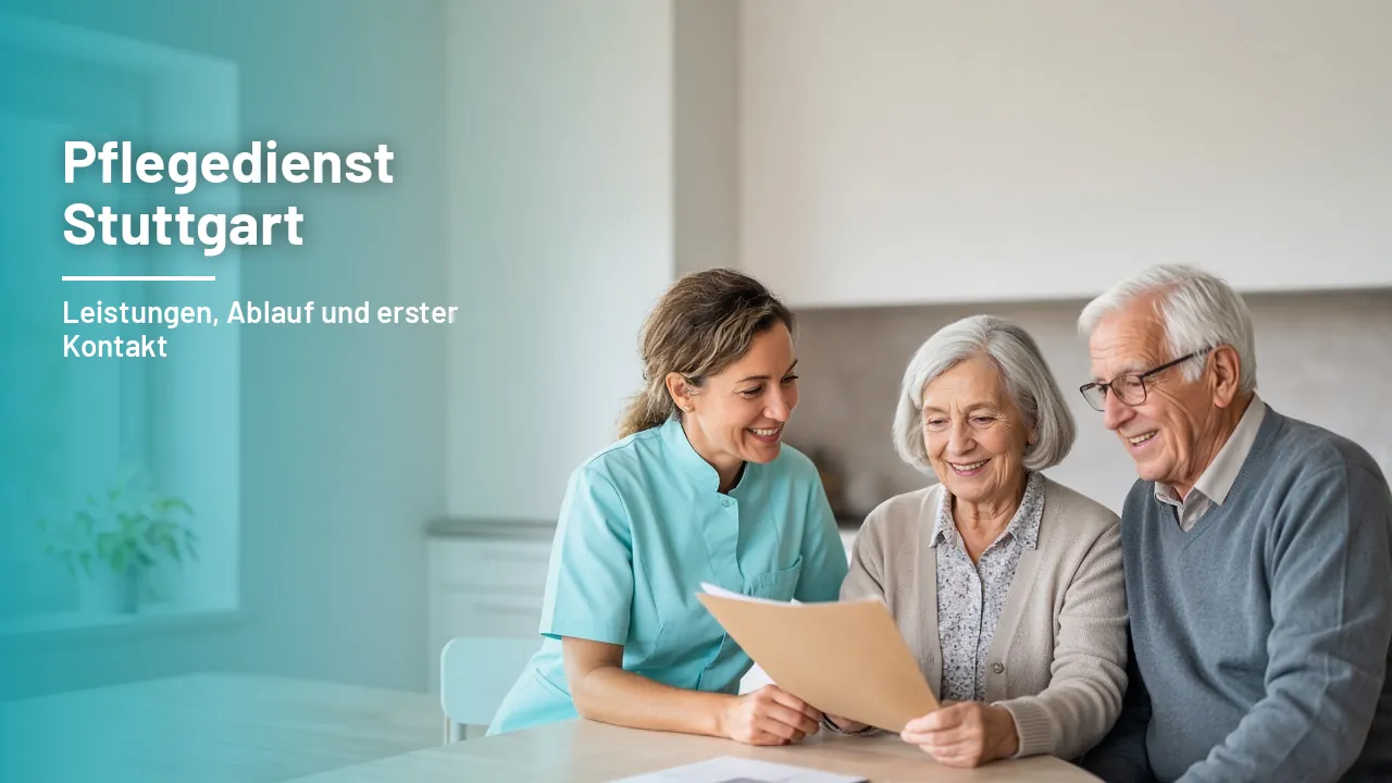 Pflegekraft bespricht am Küchentisch mit einem älteren Ehepaar einen Versorgungsplan in einer hellen Wohnung