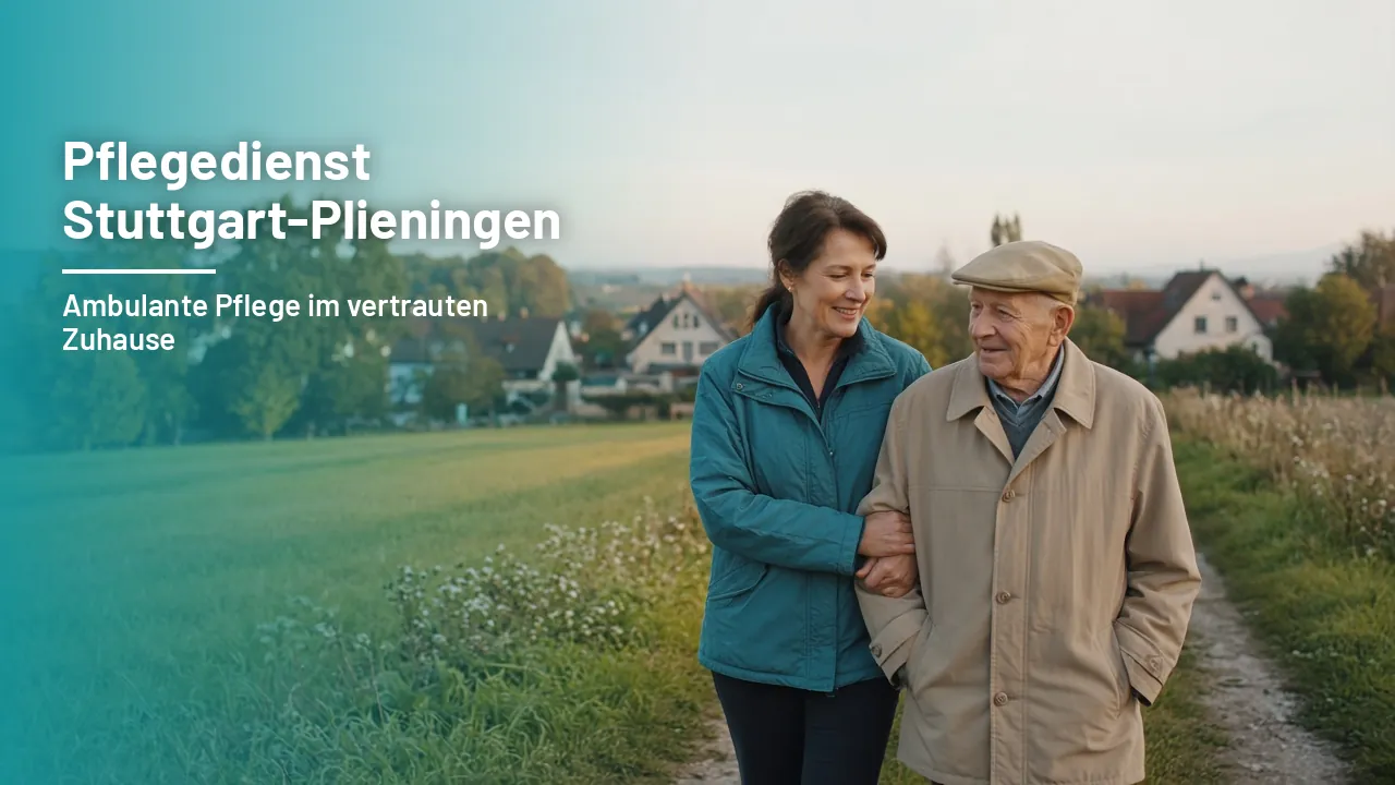 Alltagsbegleiterin geht mit einem älteren Herrn auf einem Feldweg am Ortsrand spazieren, im Hintergrund Wohnhäuser und Bäume