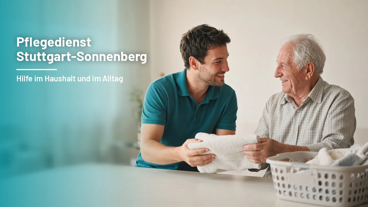 Betreuungskraft und älterer Herr falten gemeinsam frische Wäsche in einem hellen Wohnzimmer